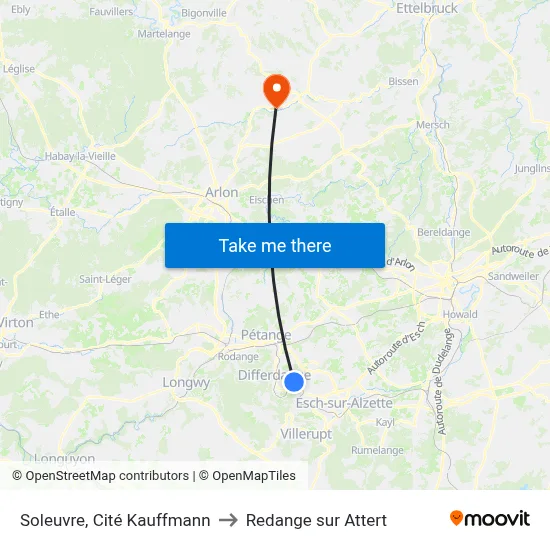 Soleuvre, Cité Kauffmann to Redange sur Attert map