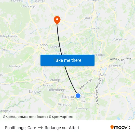 Schifflange, Gare to Redange sur Attert map