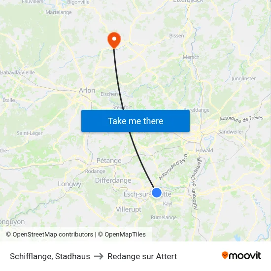 Schifflange, Stadhaus to Redange sur Attert map