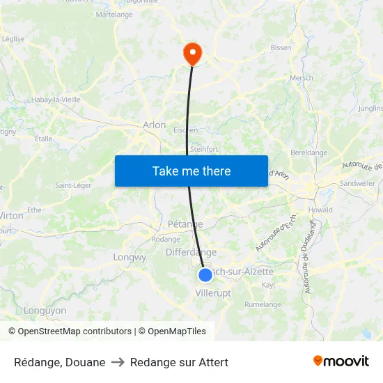 Rédange, Douane to Redange sur Attert map