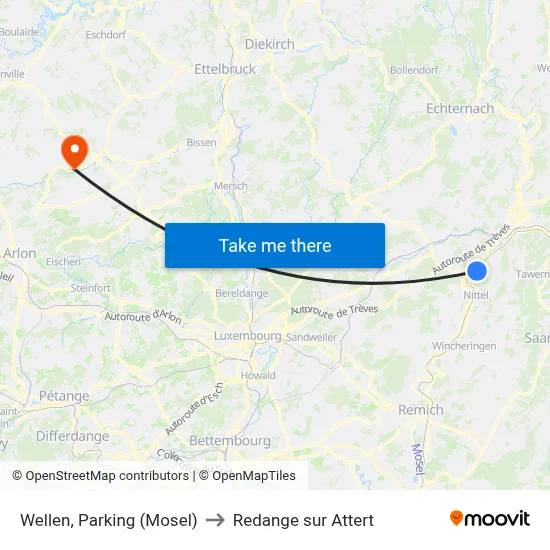 Wellen, Parking (Mosel) to Redange sur Attert map