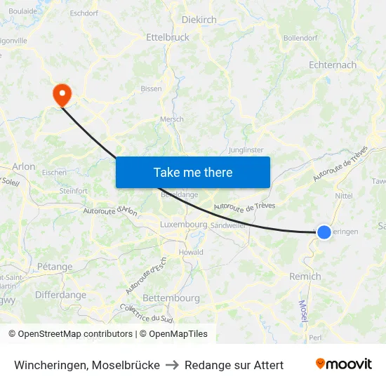 Wincheringen, Moselbrücke to Redange sur Attert map