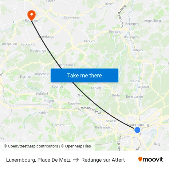 Luxembourg, Place De Metz to Redange sur Attert map