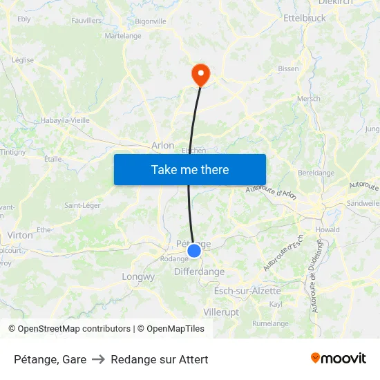 Pétange, Gare to Redange sur Attert map