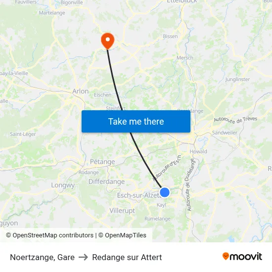 Noertzange, Gare to Redange sur Attert map
