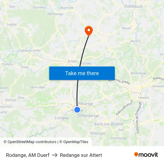 Rodange, AM Duerf to Redange sur Attert map