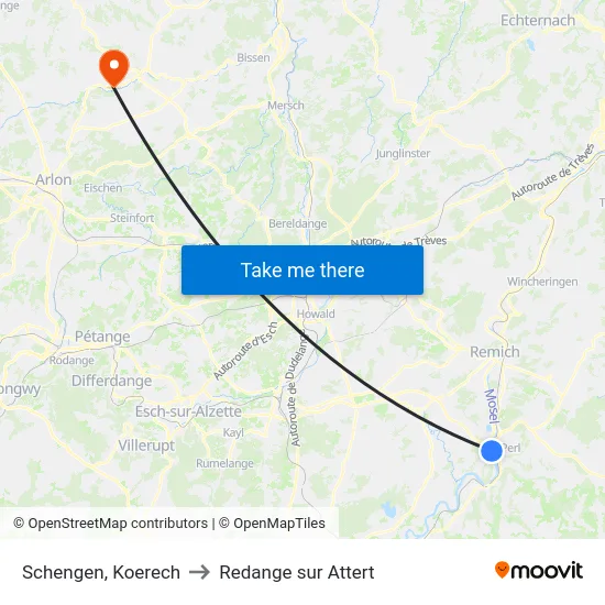 Schengen, Koerech to Redange sur Attert map
