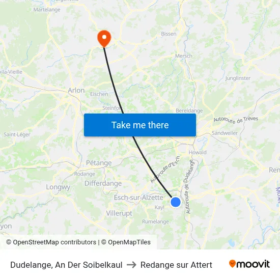 Dudelange, An Der Soibelkaul to Redange sur Attert map