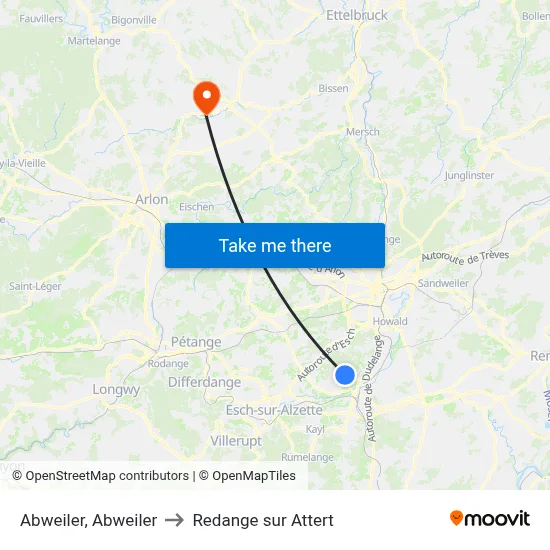 Abweiler, Abweiler to Redange sur Attert map
