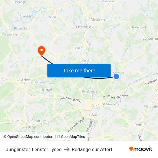 Junglinster, Lënster Lycée to Redange sur Attert map