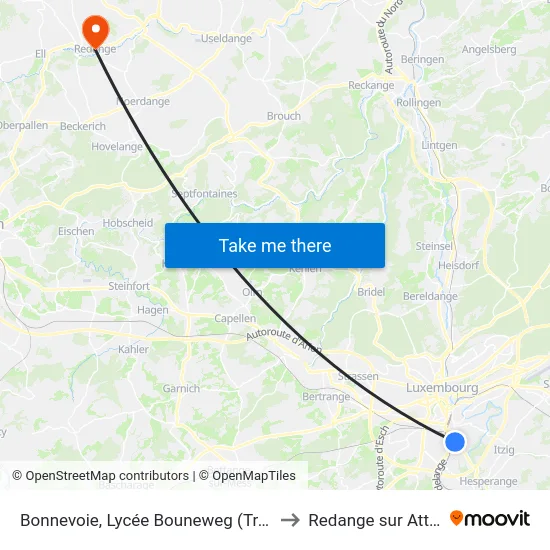 Bonnevoie, Lycée Bouneweg (Tram) to Redange sur Attert map