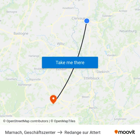 Marnach, Geschäftszenter to Redange sur Attert map