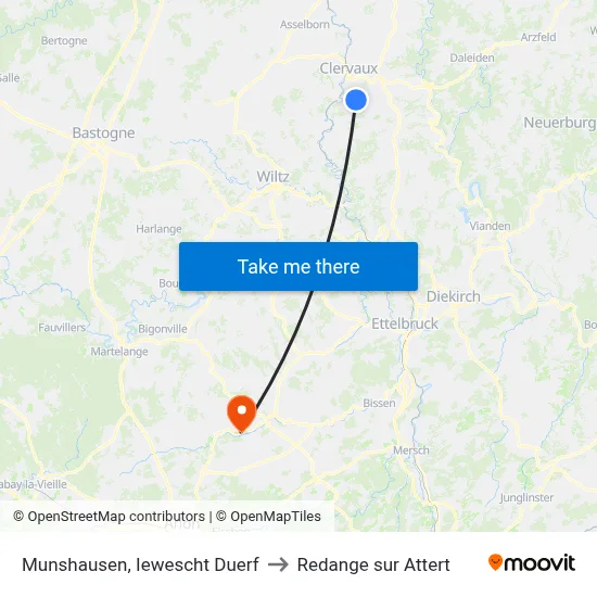 Munshausen, Iewescht Duerf to Redange sur Attert map