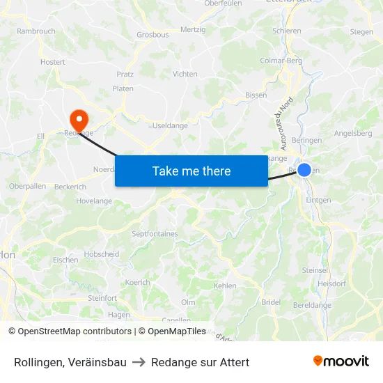 Rollingen, Veräinsbau to Redange sur Attert map