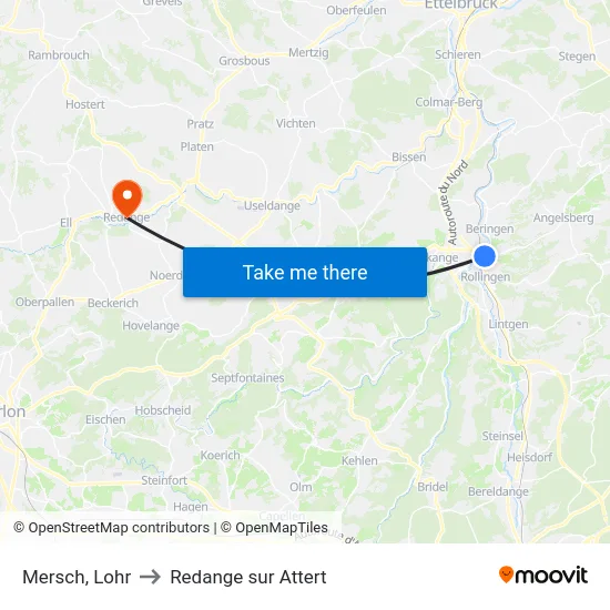 Mersch, Lohr to Redange sur Attert map