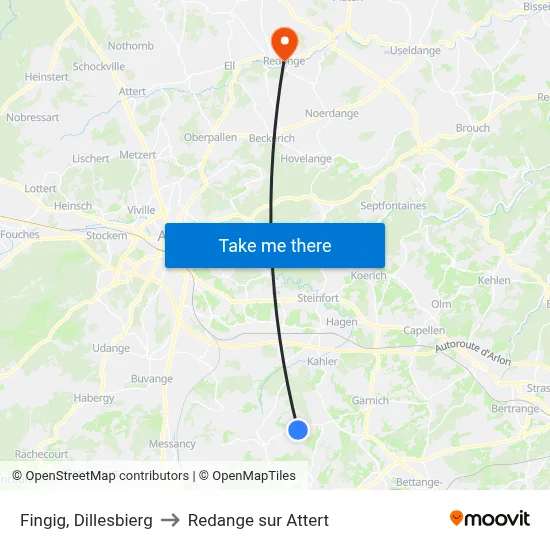Fingig, Dillesbierg to Redange sur Attert map