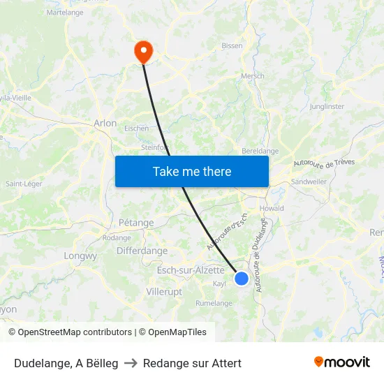 Dudelange, A Bëlleg to Redange sur Attert map