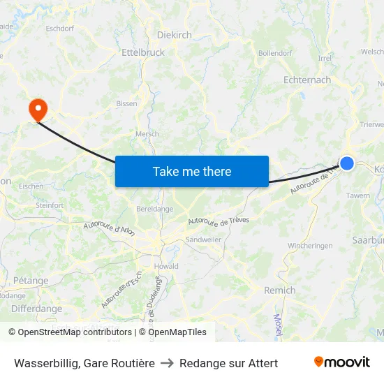 Wasserbillig, Gare Routière to Redange sur Attert map