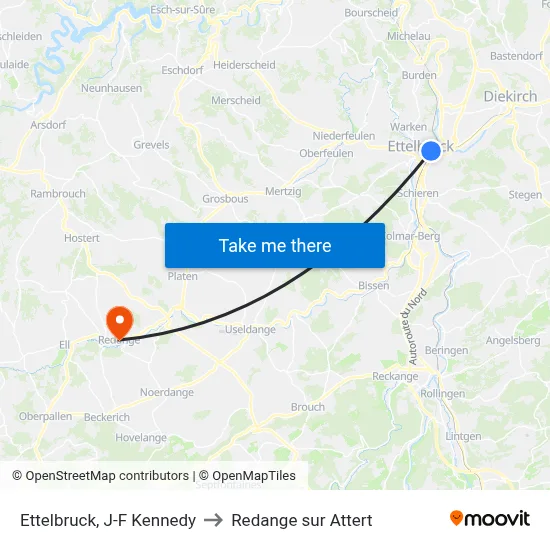Ettelbruck, J-F Kennedy to Redange sur Attert map
