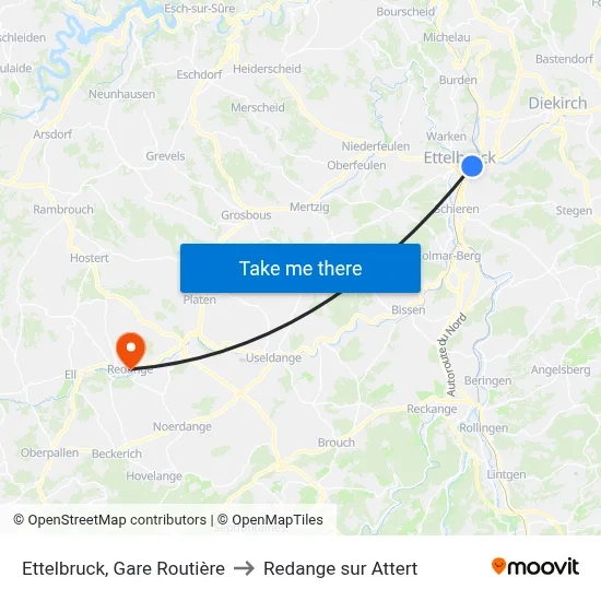 Ettelbruck, Gare Routière to Redange sur Attert map