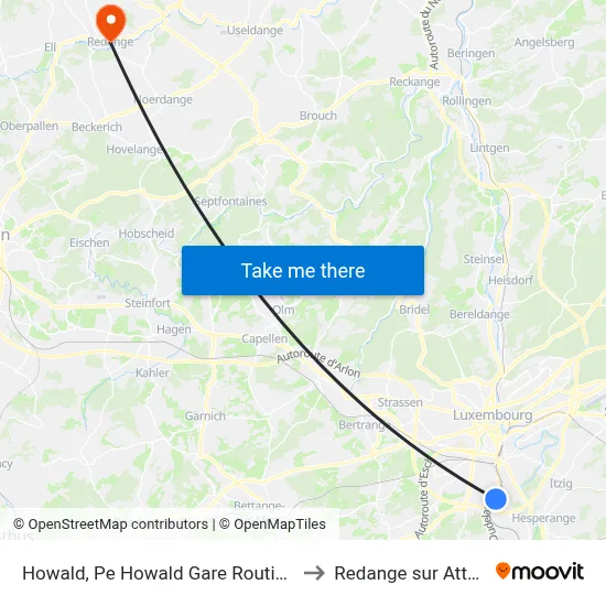 Howald, Pe Howald Gare Routière to Redange sur Attert map