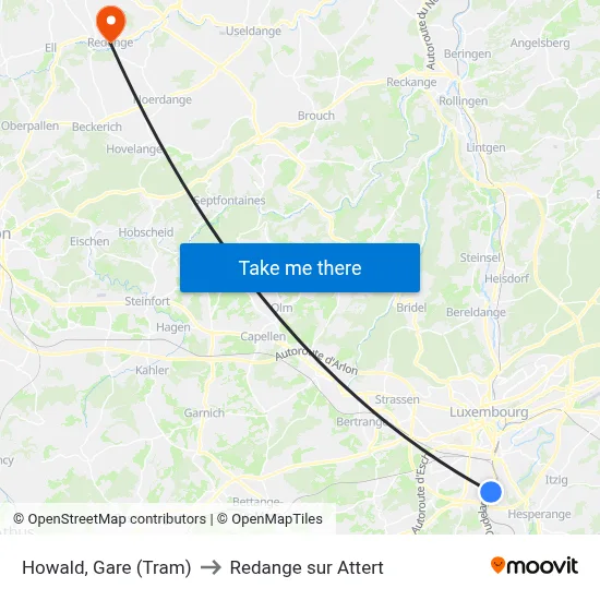 Howald, Gare (Tram) to Redange sur Attert map
