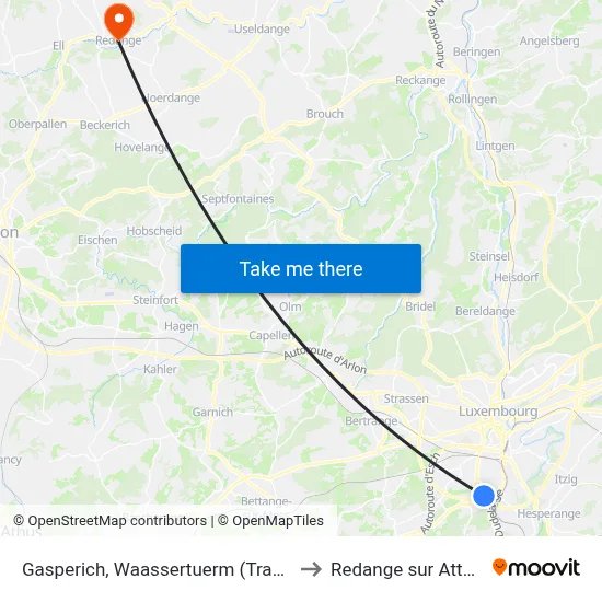 Gasperich, Waassertuerm (Tram) to Redange sur Attert map