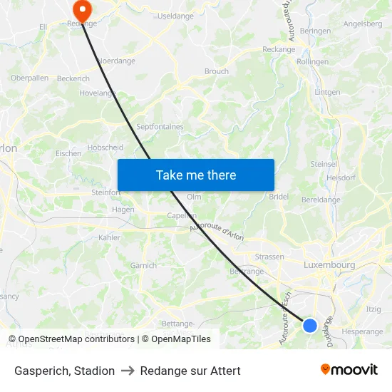 Gasperich, Stadion to Redange sur Attert map