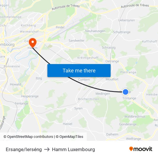 Ersange/Ierséng to Hamm Luxembourg map