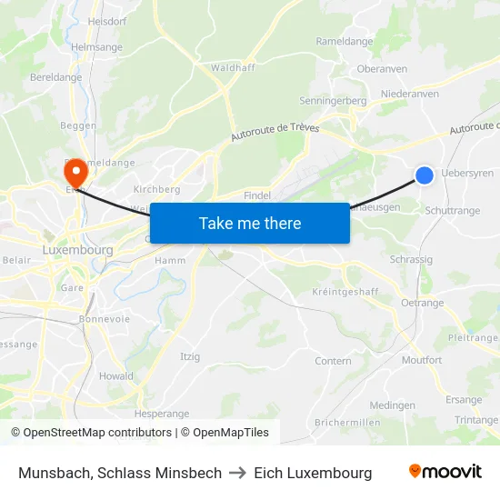 Munsbach, Schlass Minsbech to Eich Luxembourg map