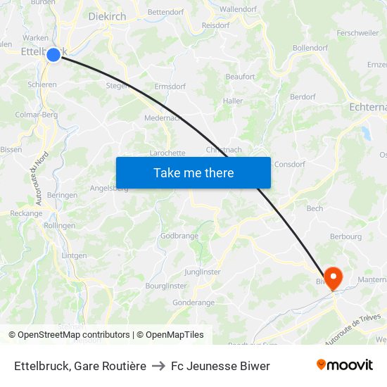 Ettelbruck, Gare Routière to Fc Jeunesse Biwer map