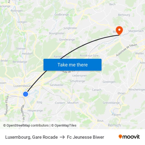 Luxembourg, Gare Rocade to Fc Jeunesse Biwer map