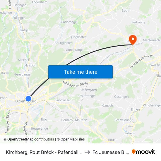 Kirchberg, Rout Bréck - Pafendall (Bus) to Fc Jeunesse Biwer map