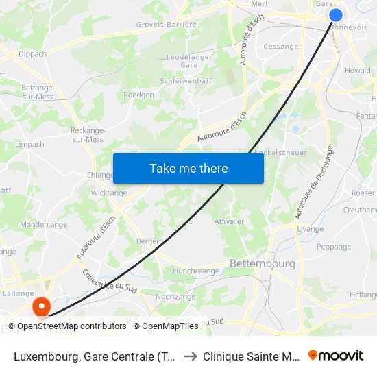 Luxembourg, Gare Centrale (Tram) to Clinique Sainte Marie map