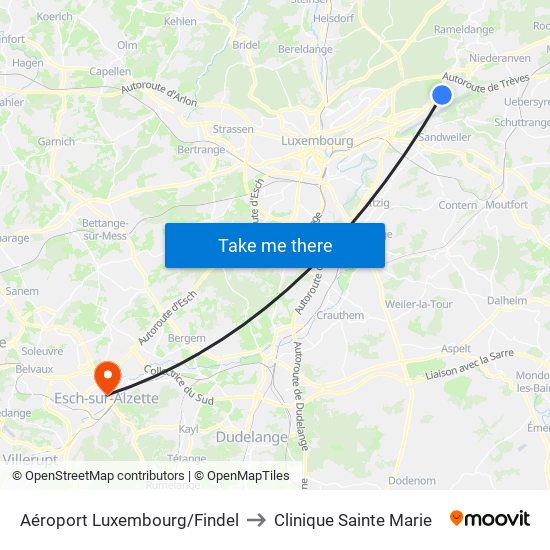Aéroport Luxembourg/Findel to Clinique Sainte Marie map