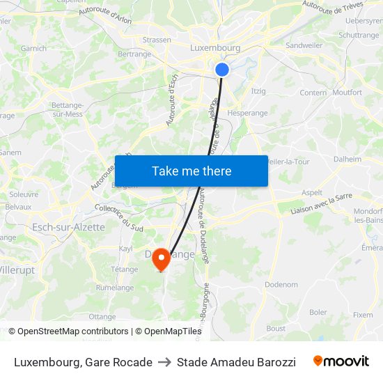 Luxembourg, Gare Rocade to Stade Amadeu Barozzi map