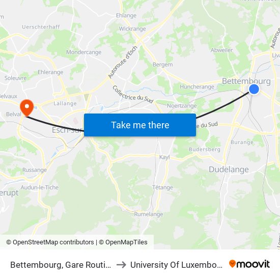 Bettembourg, Gare Routière to University Of Luxembourg map