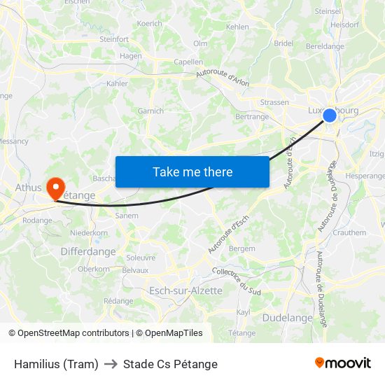 Hamilius (Tram) to Stade Cs Pétange map