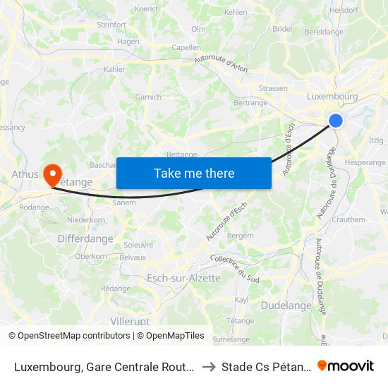 Luxembourg, Gare Centrale Routière to Stade Cs Pétange map