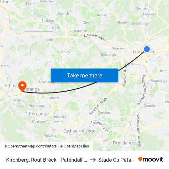 Kirchberg, Rout Bréck - Pafendall (Bus) to Stade Cs Pétange map