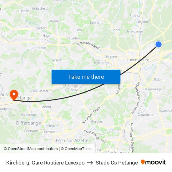 Kirchberg, Gare Routière Luxexpo to Stade Cs Pétange map