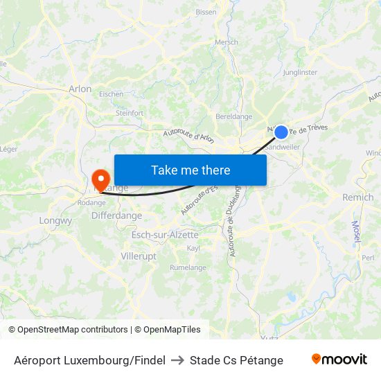 Aéroport Luxembourg/Findel to Stade Cs Pétange map