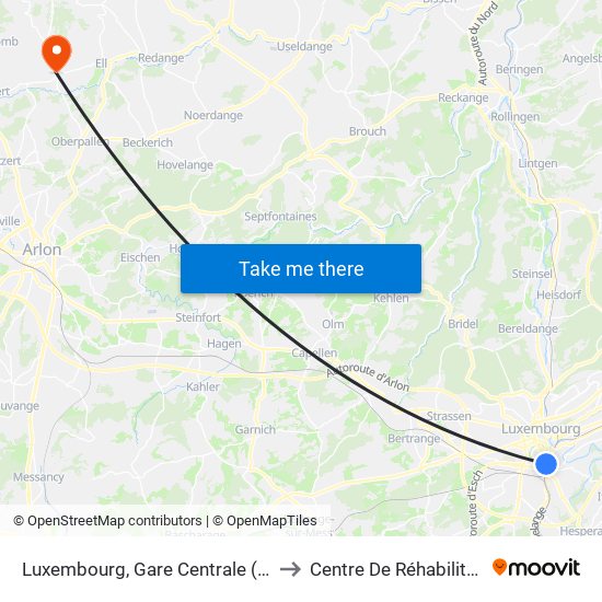 Luxembourg, Gare Centrale (Tram) to Centre De Réhabilitation map