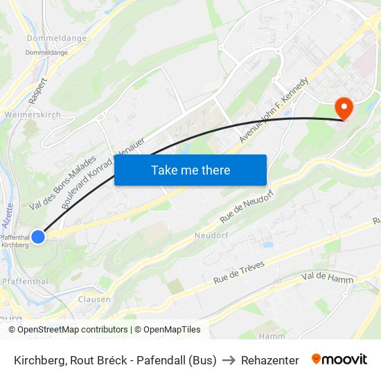 Kirchberg, Rout Bréck - Pafendall (Bus) to Rehazenter map
