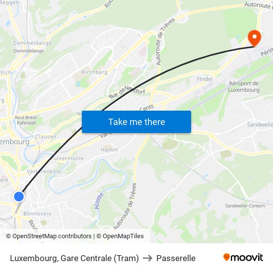 Luxembourg, Gare Centrale (Tram) to Passerelle map