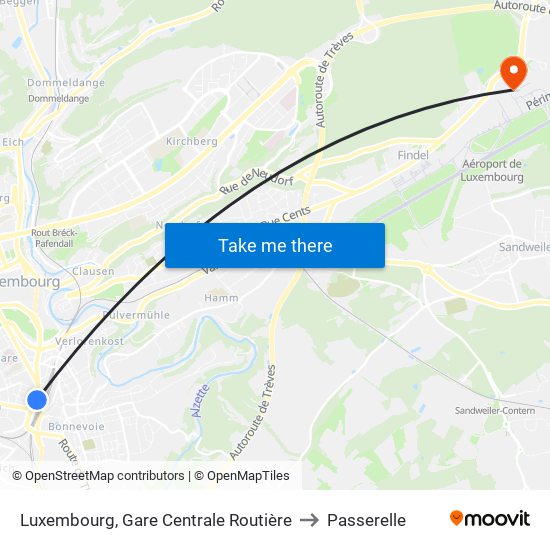 Luxembourg, Gare Centrale Routière to Passerelle map