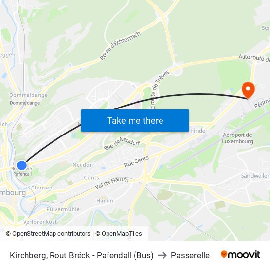Kirchberg, Rout Bréck - Pafendall (Bus) to Passerelle map