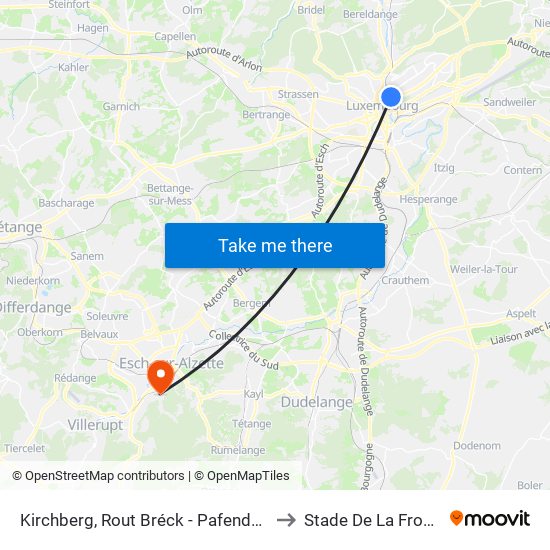Kirchberg, Rout Bréck - Pafendall (Bus) to Stade De La Frontière map