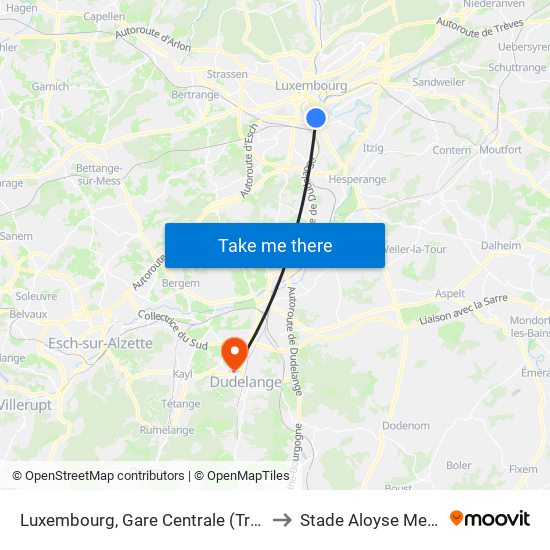 Luxembourg, Gare Centrale (Tram) to Stade Aloyse Meyer map