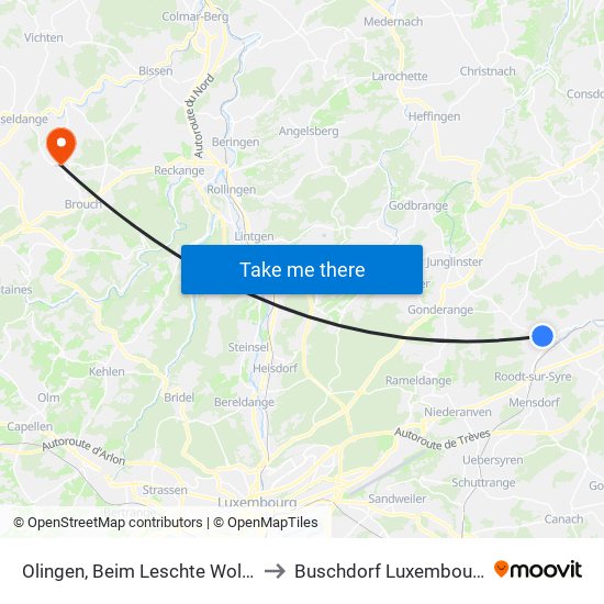 Olingen, Beim Leschte Wollef to Buschdorf Luxembourg map